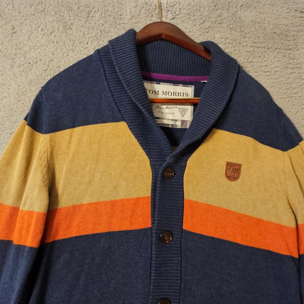 Tom Morris St Andrews Mens Medium Cotton Shawl Collar Cardigan Sweater Blue Gold